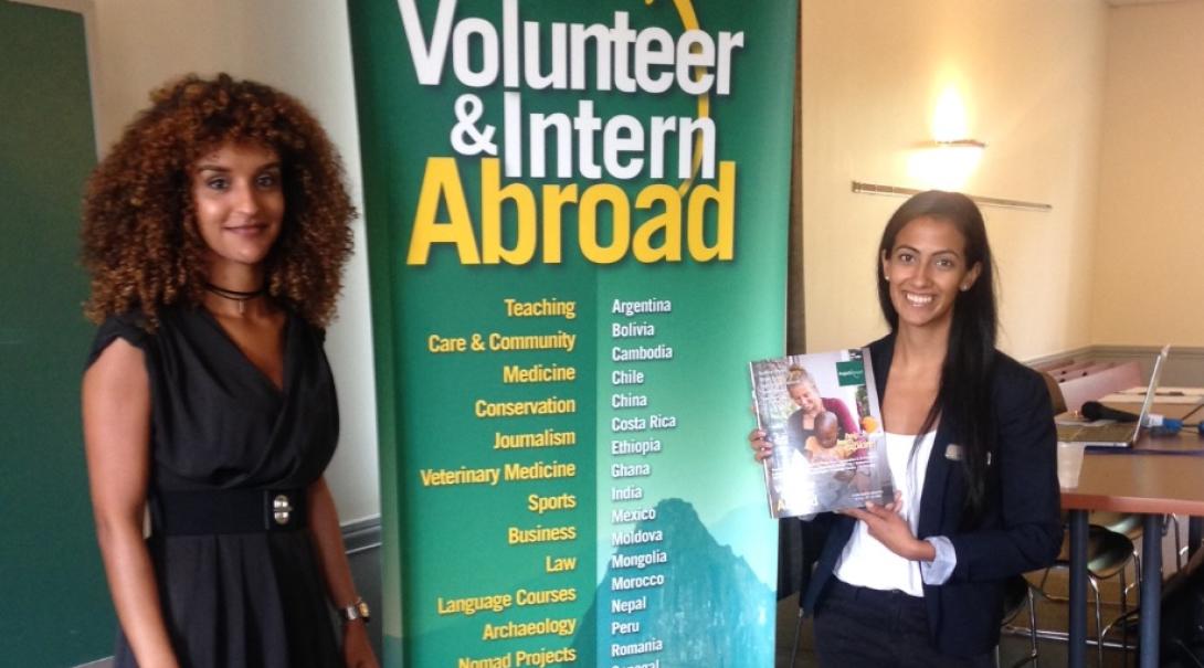 Leads have the volunteer projects and internships explained during an event. Projects Abroad staff talk to potential volunteers during an information event.